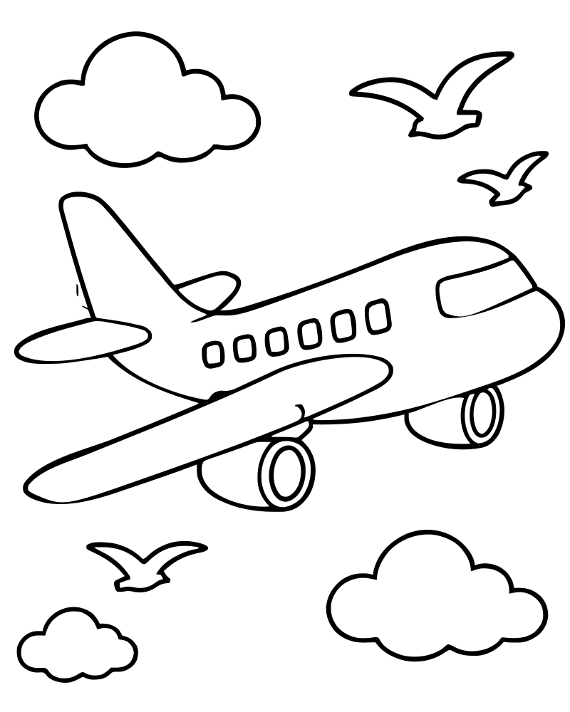 Printable airplane and birds line art — Airplane coloring page