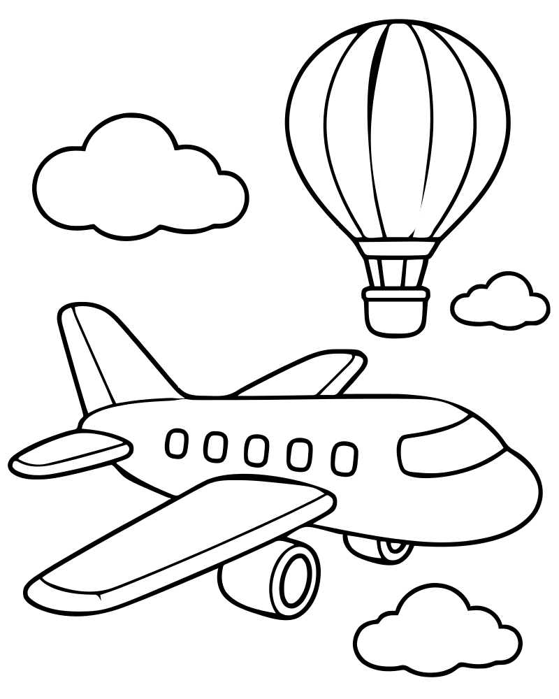 Airplane and Hot Air Balloon — Airplane coloring page to print for children