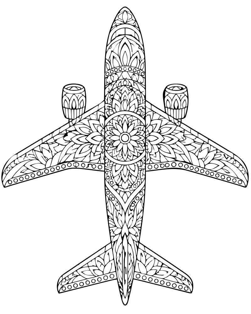 Printable airplane mandala line art — Airplane coloring page