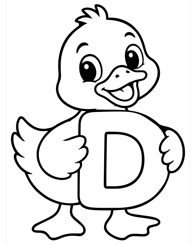 Letter D Duck — Alphabet coloring page to print for children