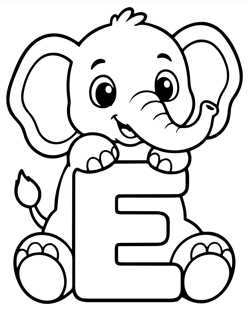 Printable letter e elephant line art — Alphabet coloring page