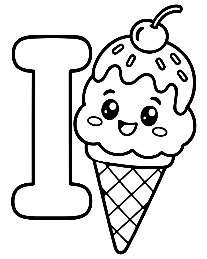 Letter I Ice Cream — Alphabet coloring page to print for children