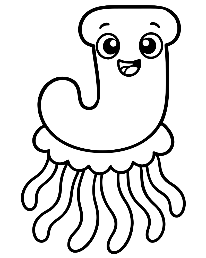 Printable letter j jellyfish line art — Alphabet coloring page