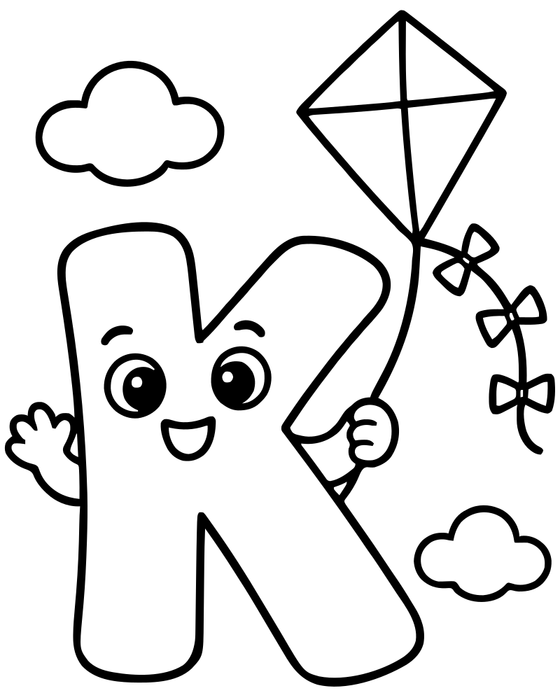 Letter K Kite — free printable Alphabet coloring page for kids