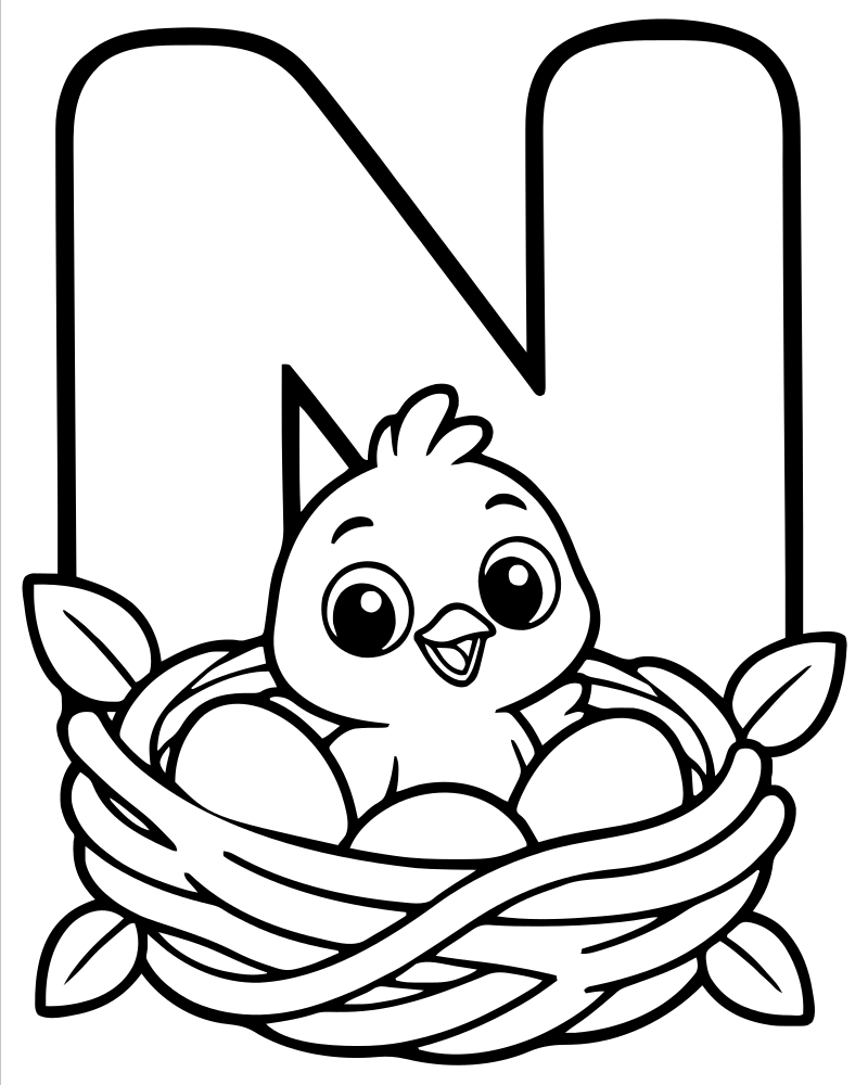 Letter N Nest — Alphabet coloring page to print for children
