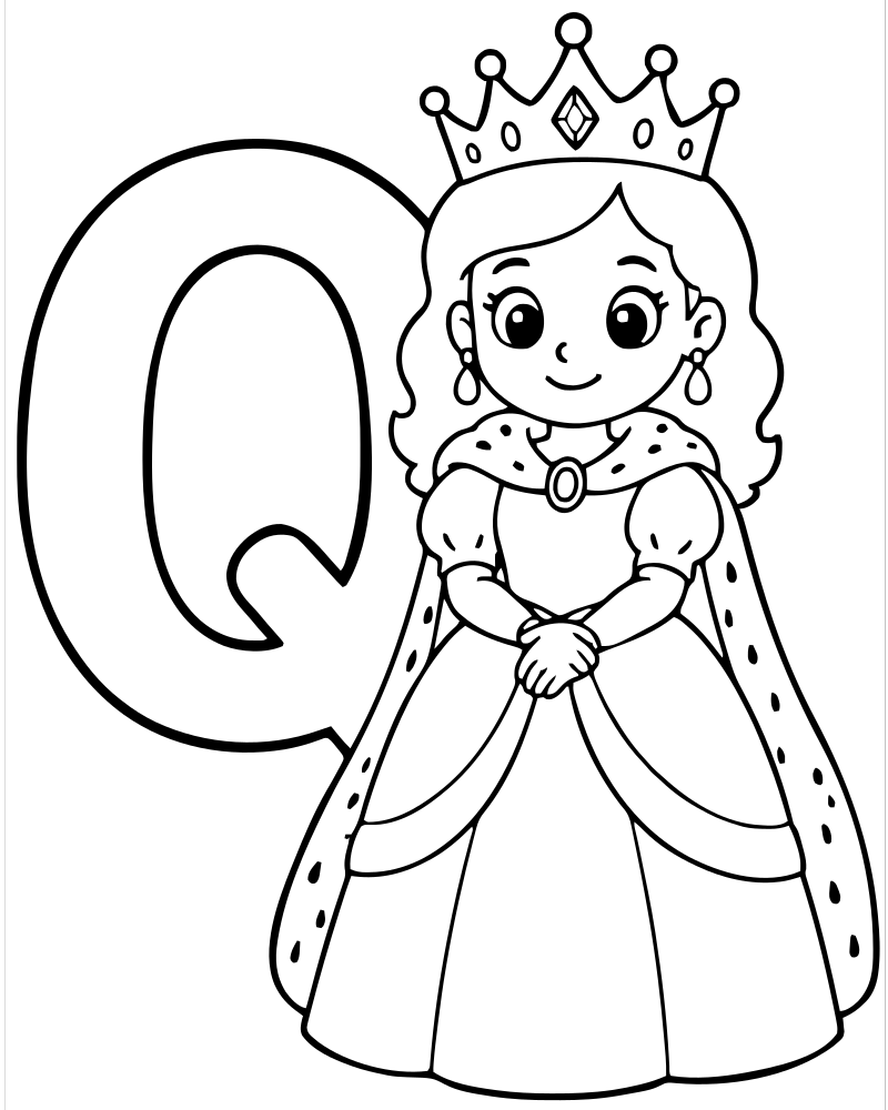 Letter Q Queen — printable Alphabet coloring sheet for preschoolers