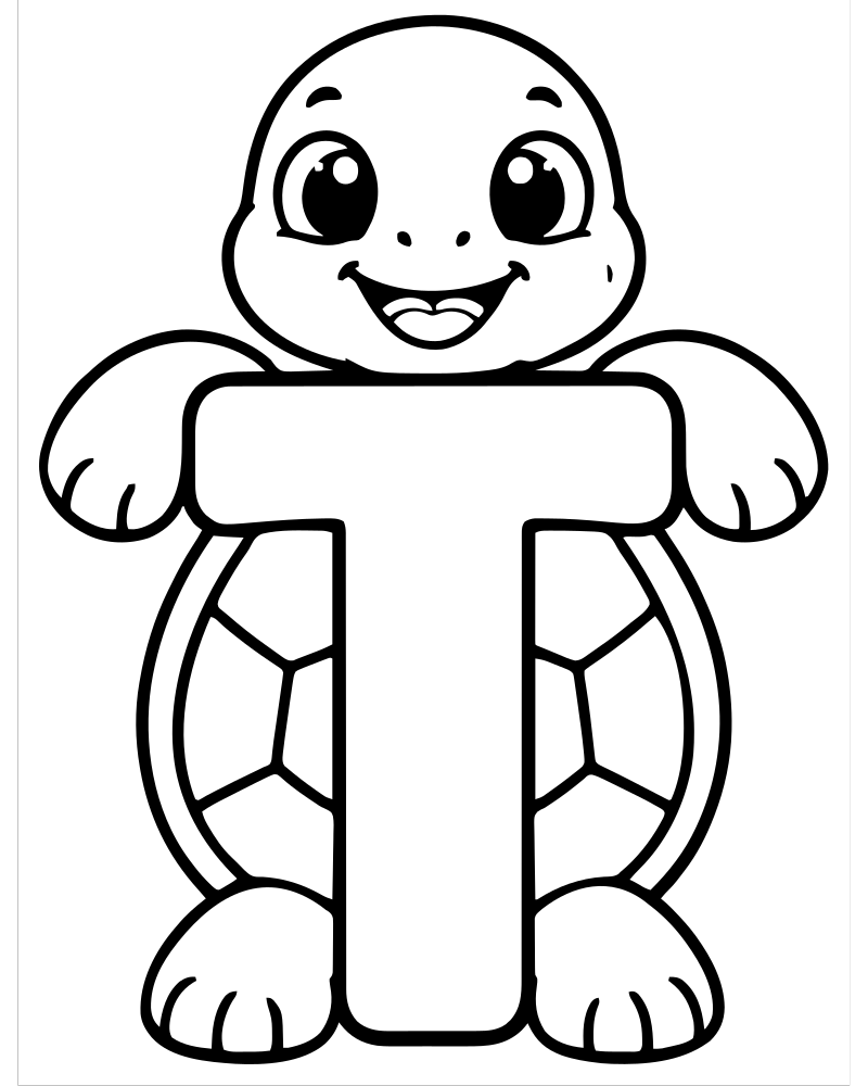 Printable letter t turtle line art — Alphabet coloring page