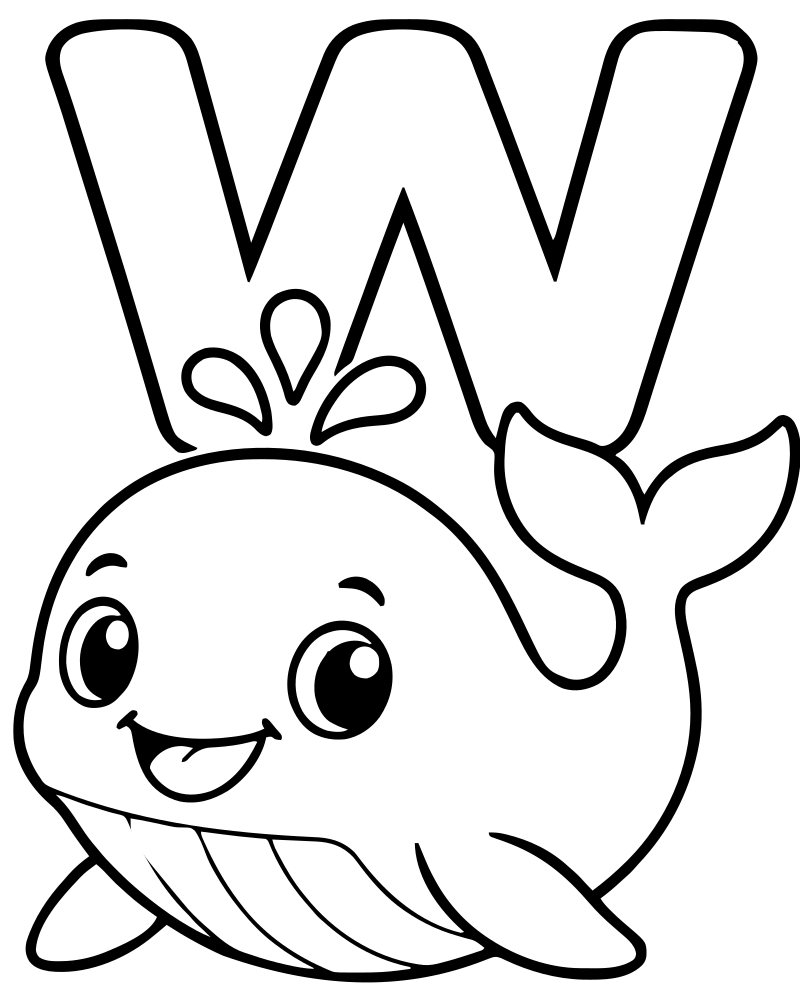 Letter W Whale picture to color — Alphabet coloring page for kids