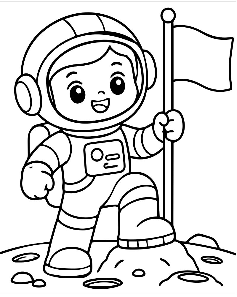 Printable astronaut planting a flag line art — Astronaut coloring page