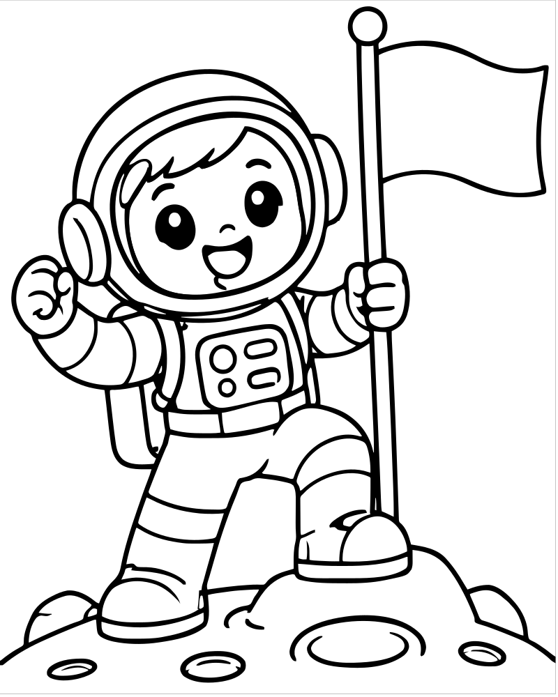 Astronaut Raising the Flag — Astronaut coloring page to print for children