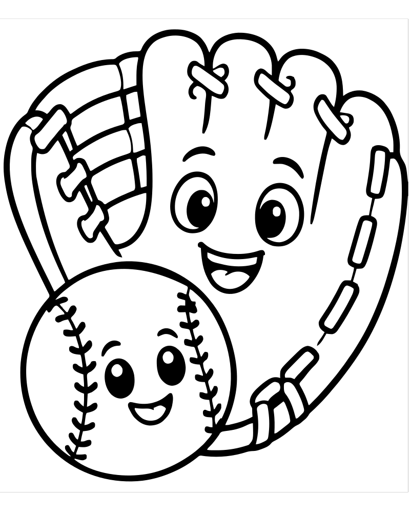 Printable baseball and mitt line art — Baseball coloring page
