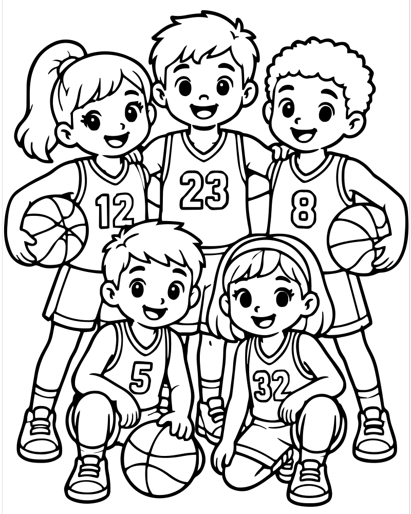 Printable basketball team line art — Basketball coloring page