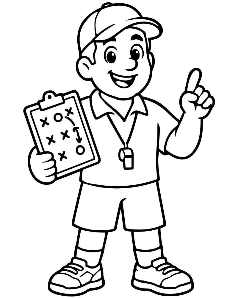 Coach with Playboard — printable Basketball coloring sheet for preschoolers