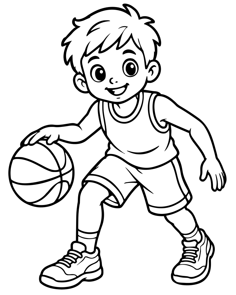 Printable dribbling player line art — Basketball coloring page