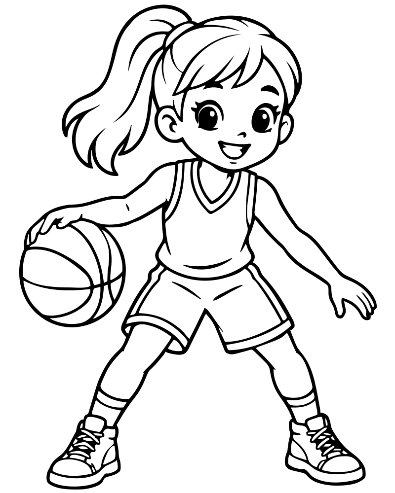 Girl Basketball Player — Basketball coloring page to print for children