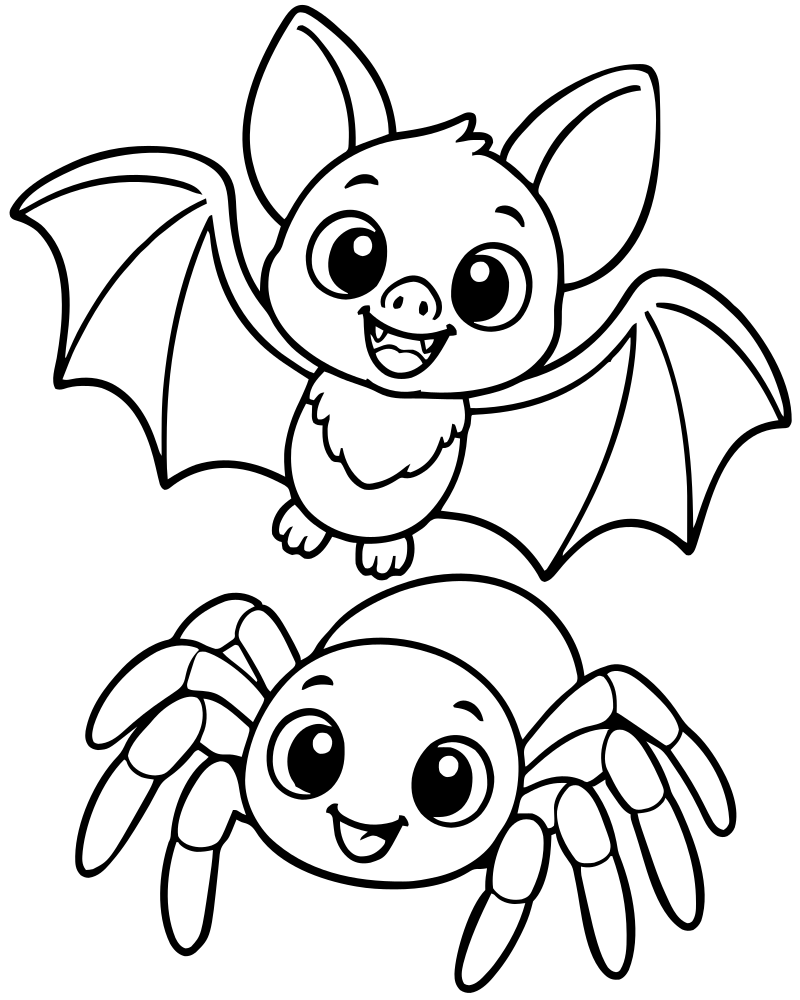 Bat and Spider Friends — free printable Bat coloring page for kids