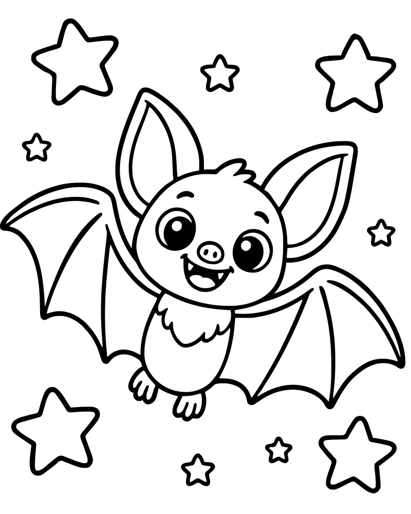 Bat and Stars — Bat coloring page to print for children