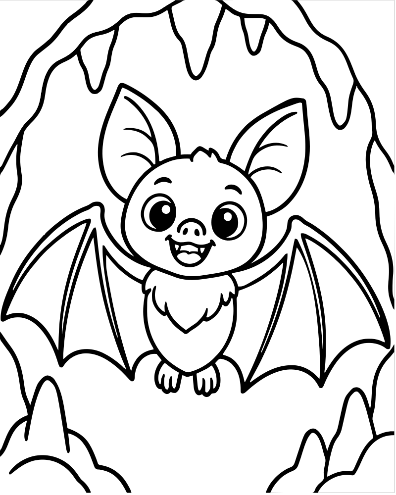 Bat in the Cave — Bat coloring page to print for children