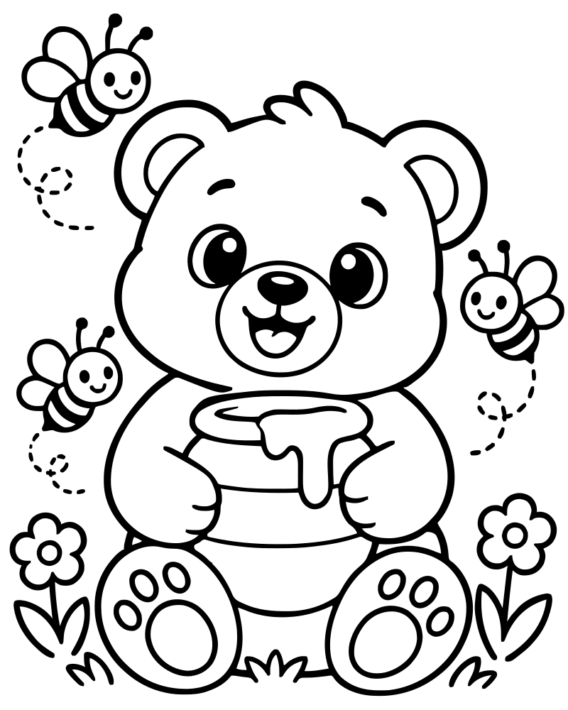 Printable bear and bees line art — Bear coloring page