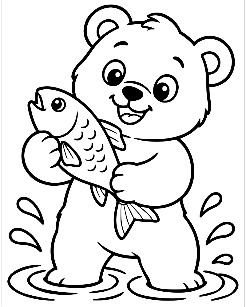 Bear Catching Fish — Bear coloring page to print for children