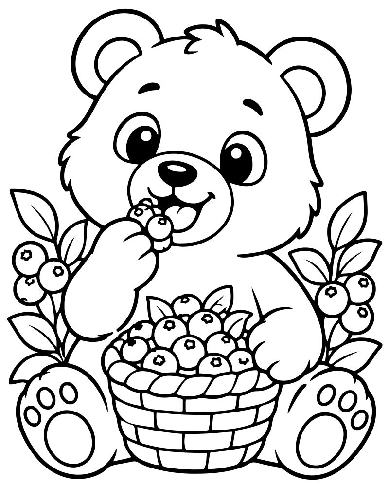 Bear Eating Berries picture to color — Bear coloring page for kids