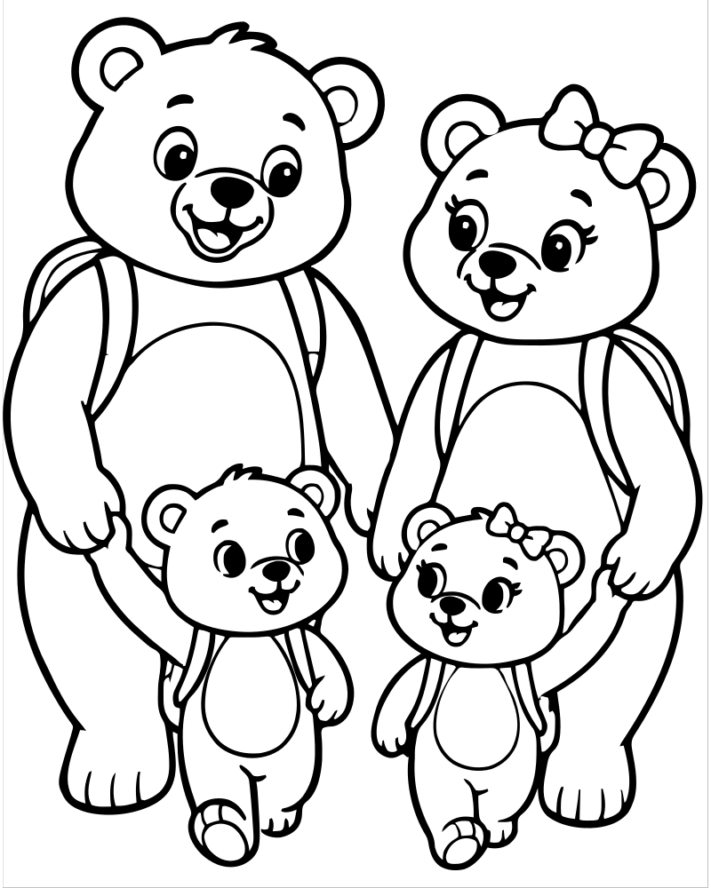 Bear Family Walk picture to color — Bear coloring page for kids