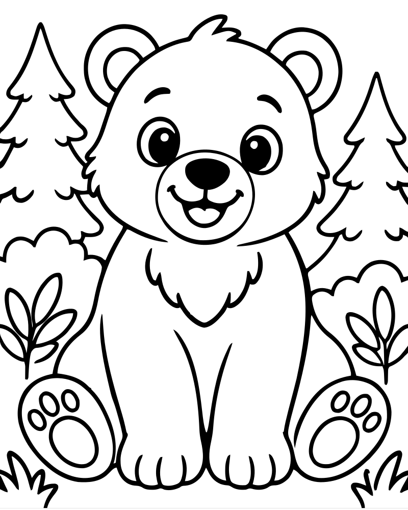 Bear in the Forest — free printable Bear coloring page for kids