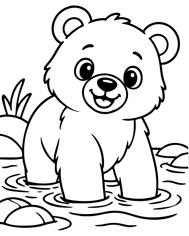 Printable bear in the river line art — Bear coloring page