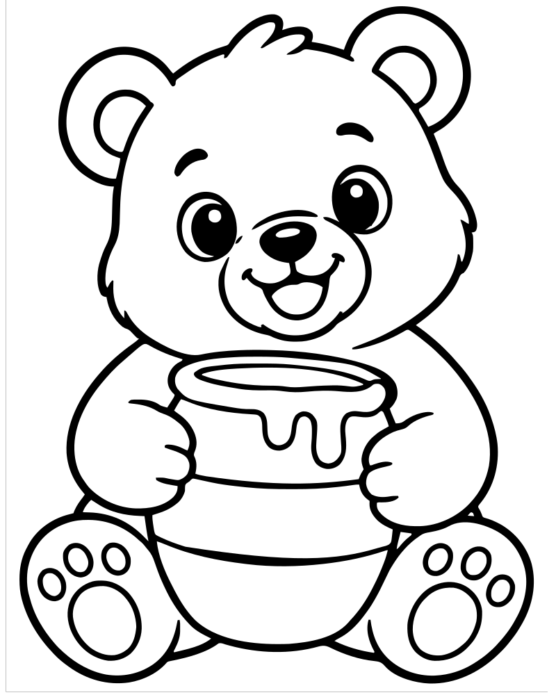 Bear with Honey Pot — Bear coloring page to print for children
