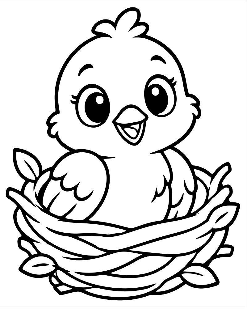 Printable baby bird in nest line art — Bird coloring page