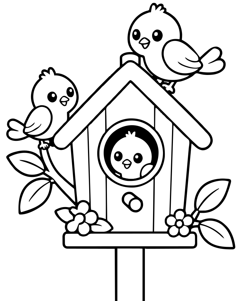 Birdhouse and Birds — printable Bird coloring sheet for preschoolers