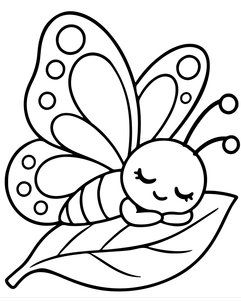 Printable sleeping butterfly on a leaf line art — Butterfly coloring page