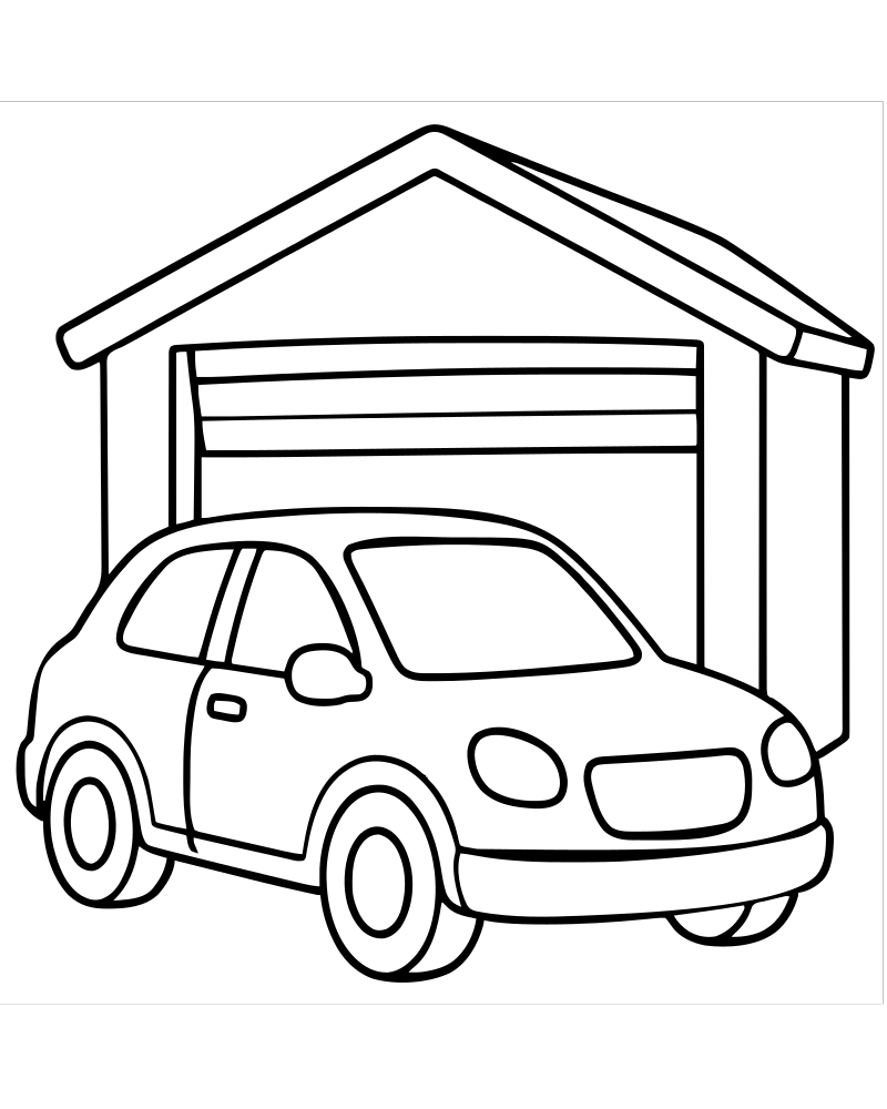 Car and Garage picture to color — Car coloring page for kids