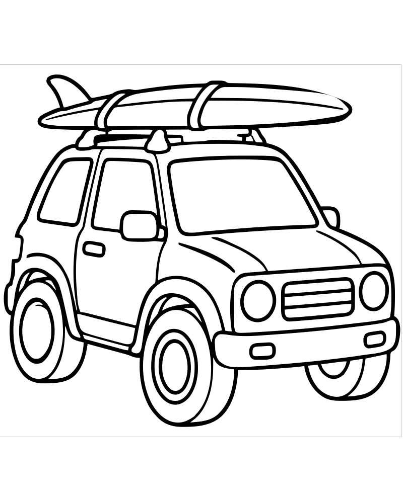Car with Surfboard — Car coloring page to print for children