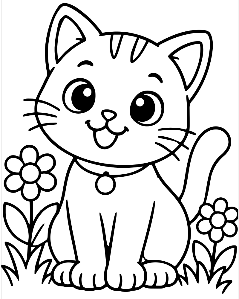 Printable cat in the garden line art — Cat coloring page