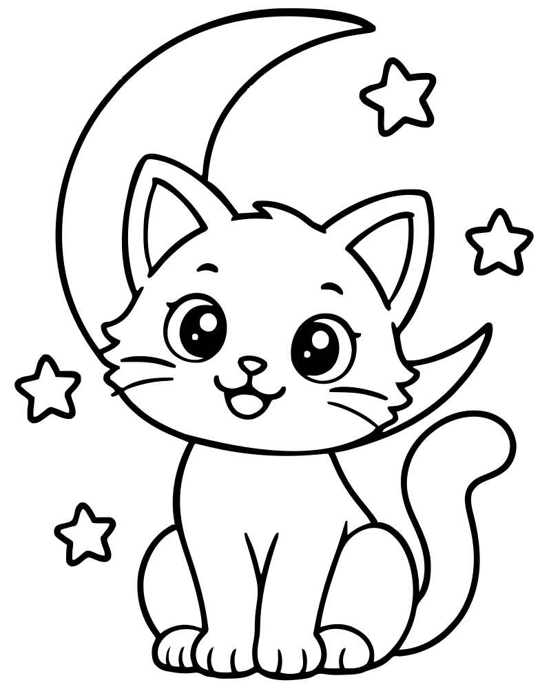 Cat Under the Moon picture to color — Cat coloring page for kids