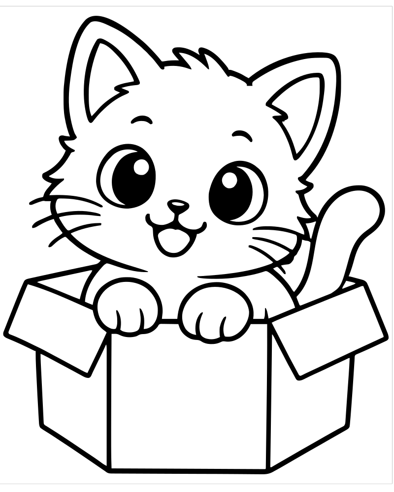 Printable kitten in a box line art — Cat coloring page