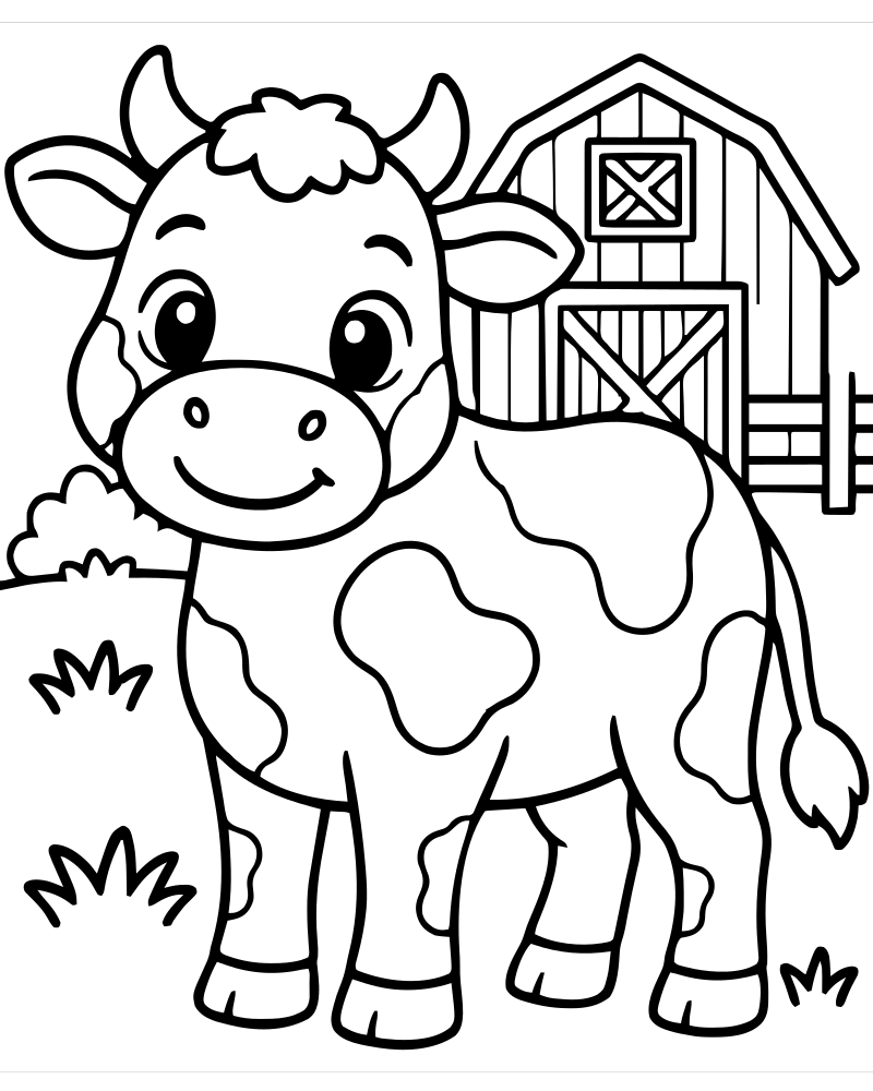 Printable cow and barn line art — Cow coloring page