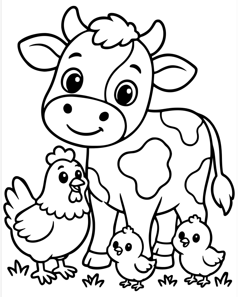 Cow and Chickens — Cow coloring page to print for children