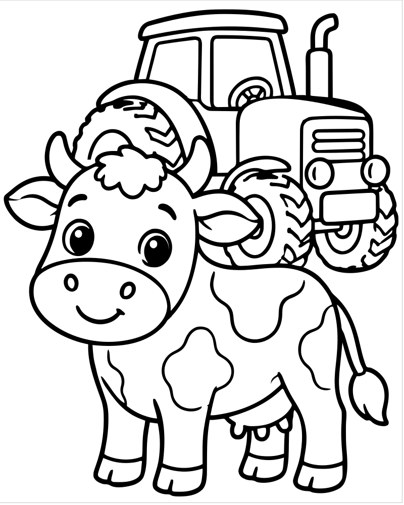 Printable cow and tractor line art — Cow coloring page