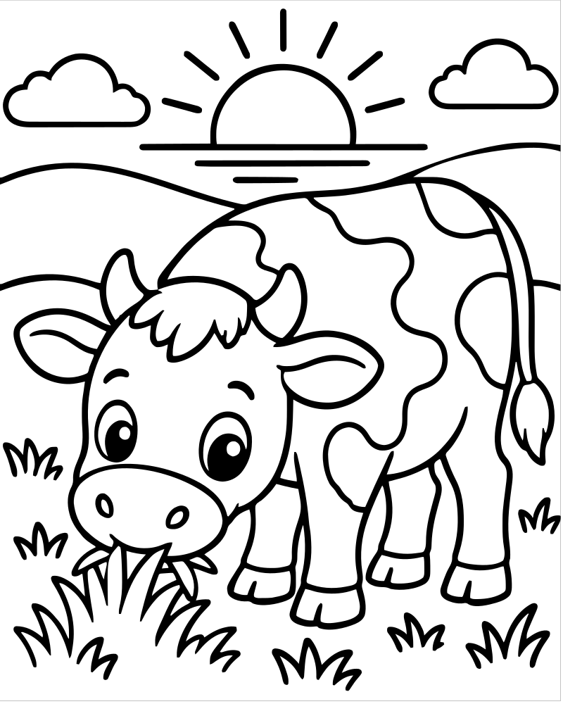 Cow Grazing at Sunset picture to color — Cow coloring page for kids