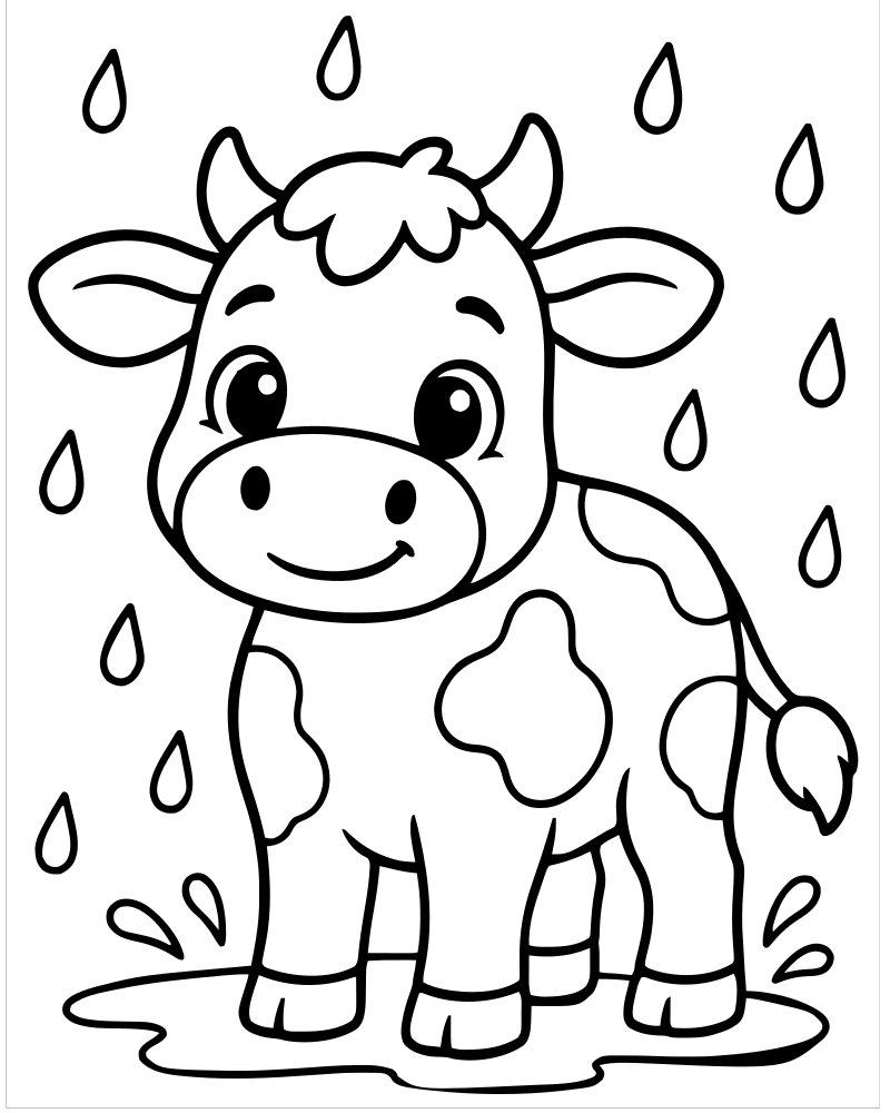 Cow in the Rain — printable Cow coloring sheet for preschoolers