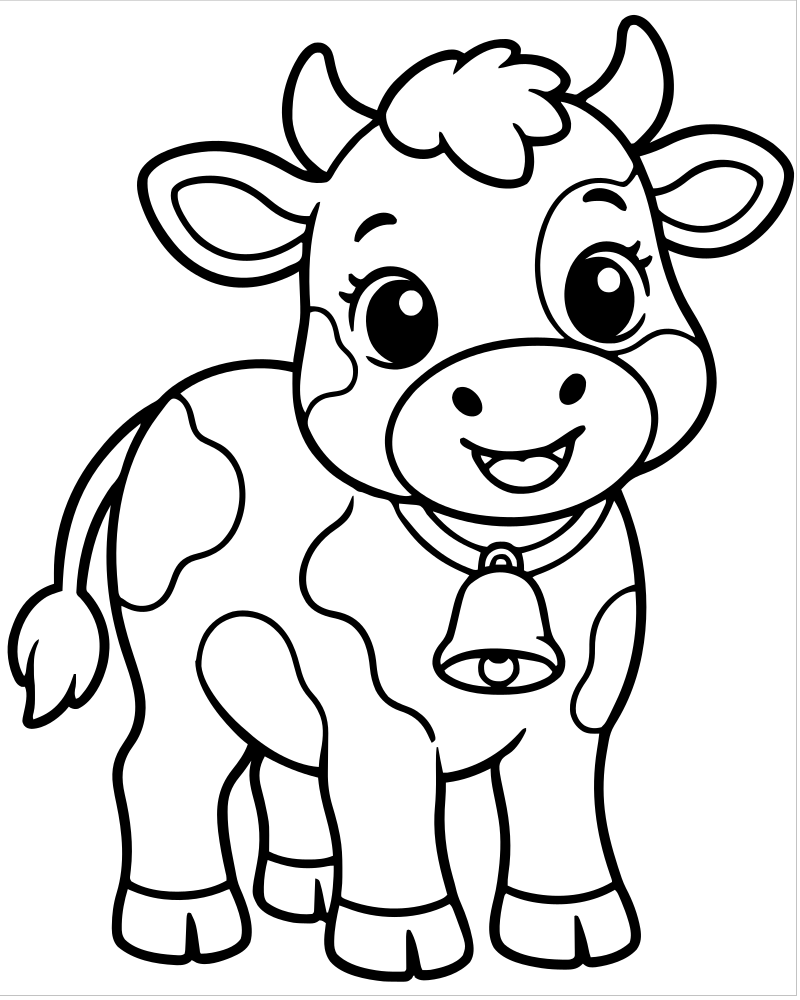 Printable cow with a bell line art — Cow coloring page