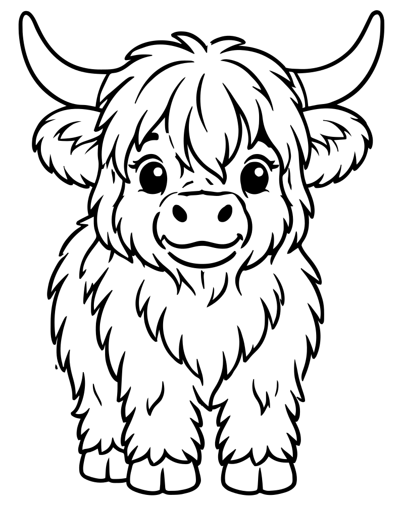 Fluffy Highland Cow picture to color — Cow coloring page for kids