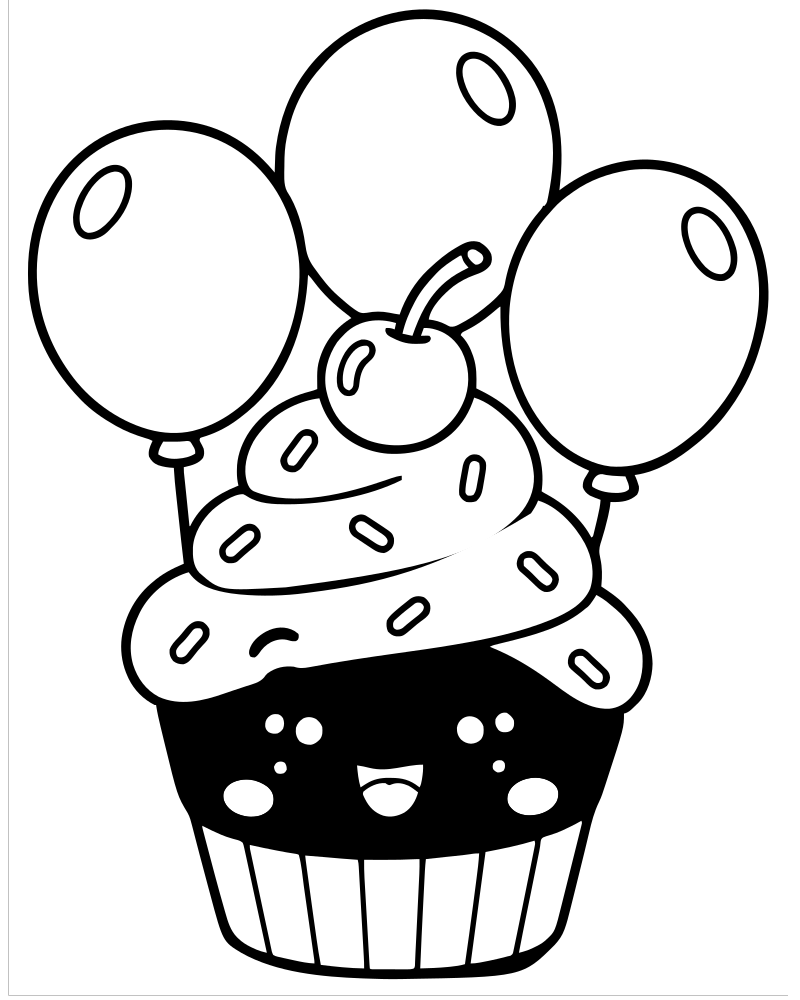 Cupcake and Balloons — printable Cupcake coloring sheet for preschoolers