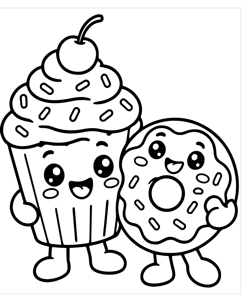 Cupcake and Donut Friends — free printable Cupcake coloring page for kids