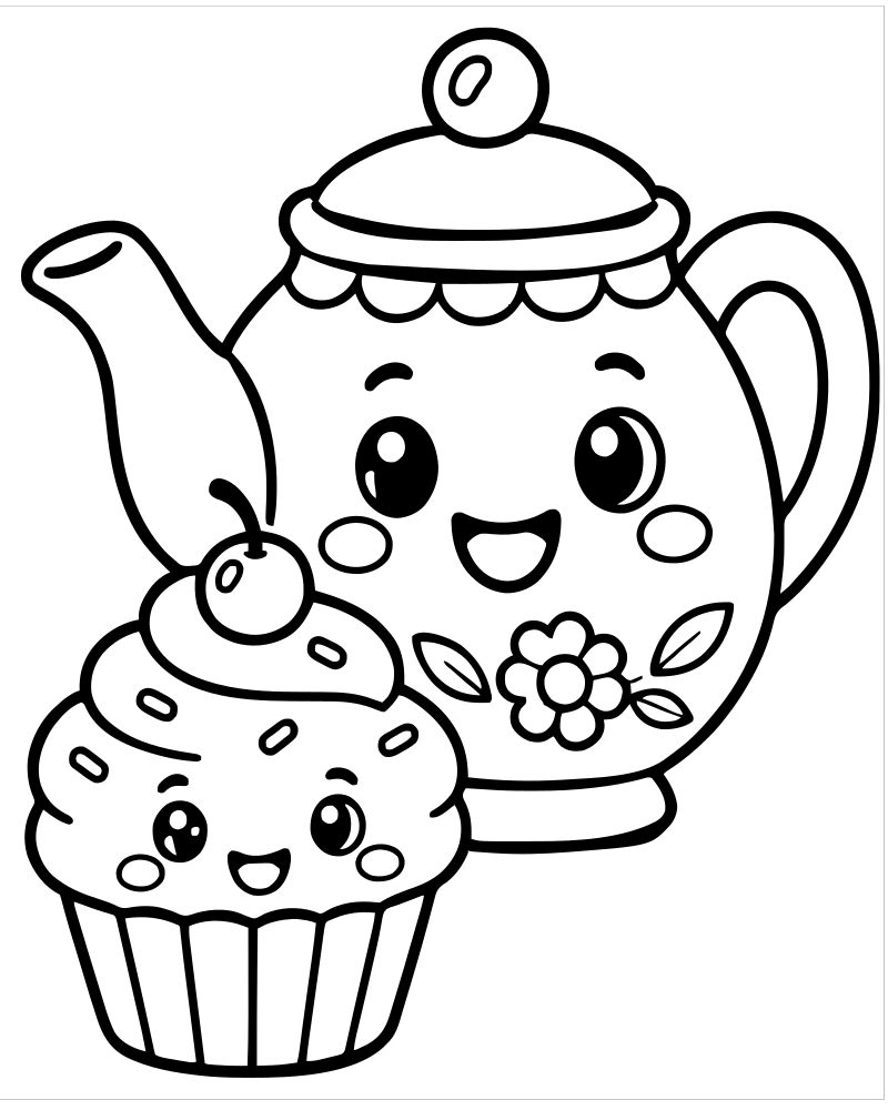 Cupcake and Teapot picture to color — Cupcake coloring page for kids