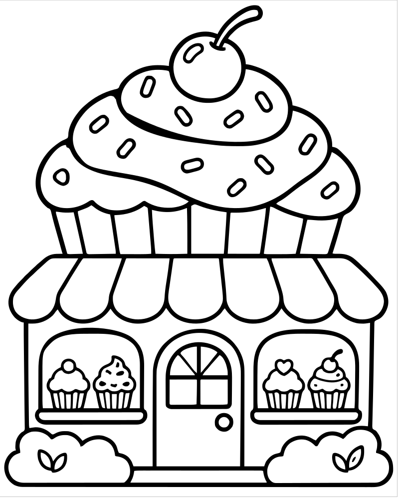 Printable cupcake shop line art — Cupcake coloring page