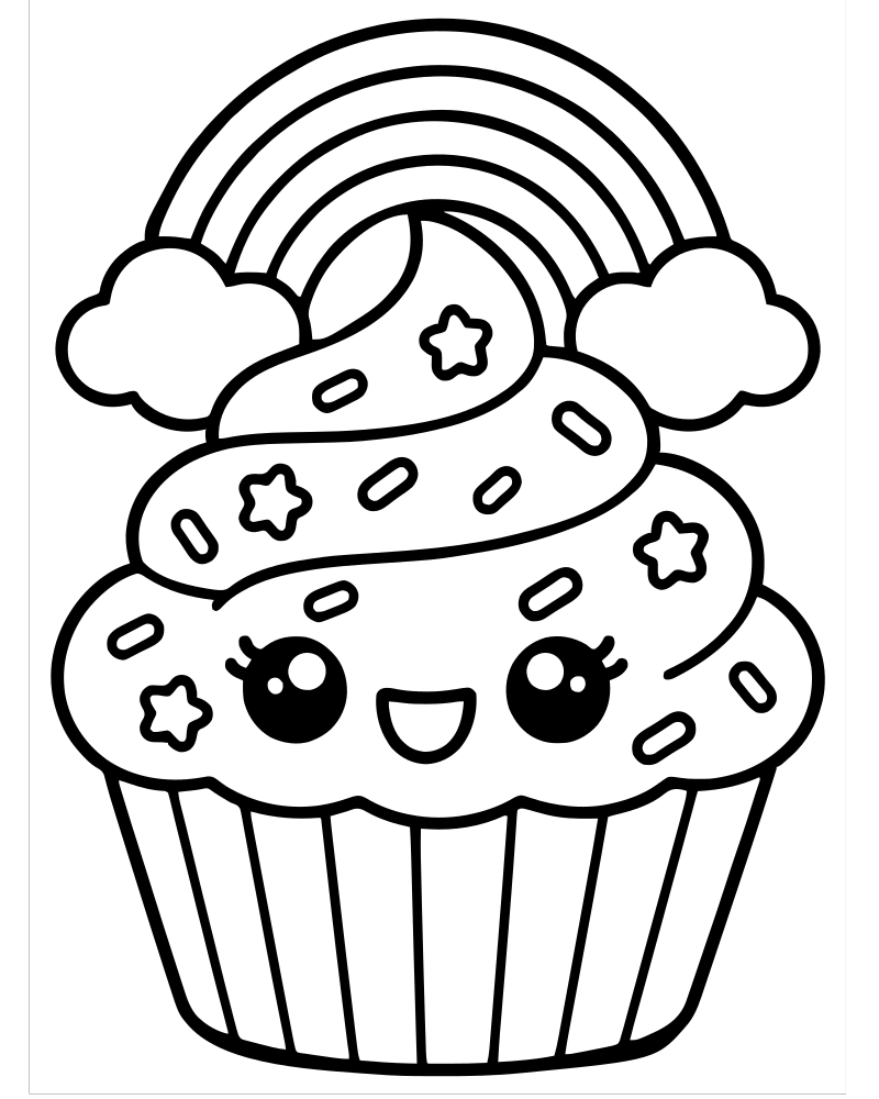 Printable rainbow cupcake line art — Cupcake coloring page