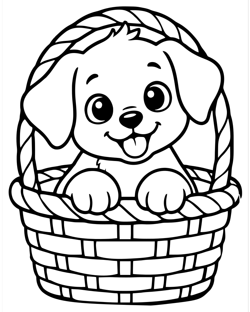 Puppy in a Basket picture to color — Dog coloring page for kids
